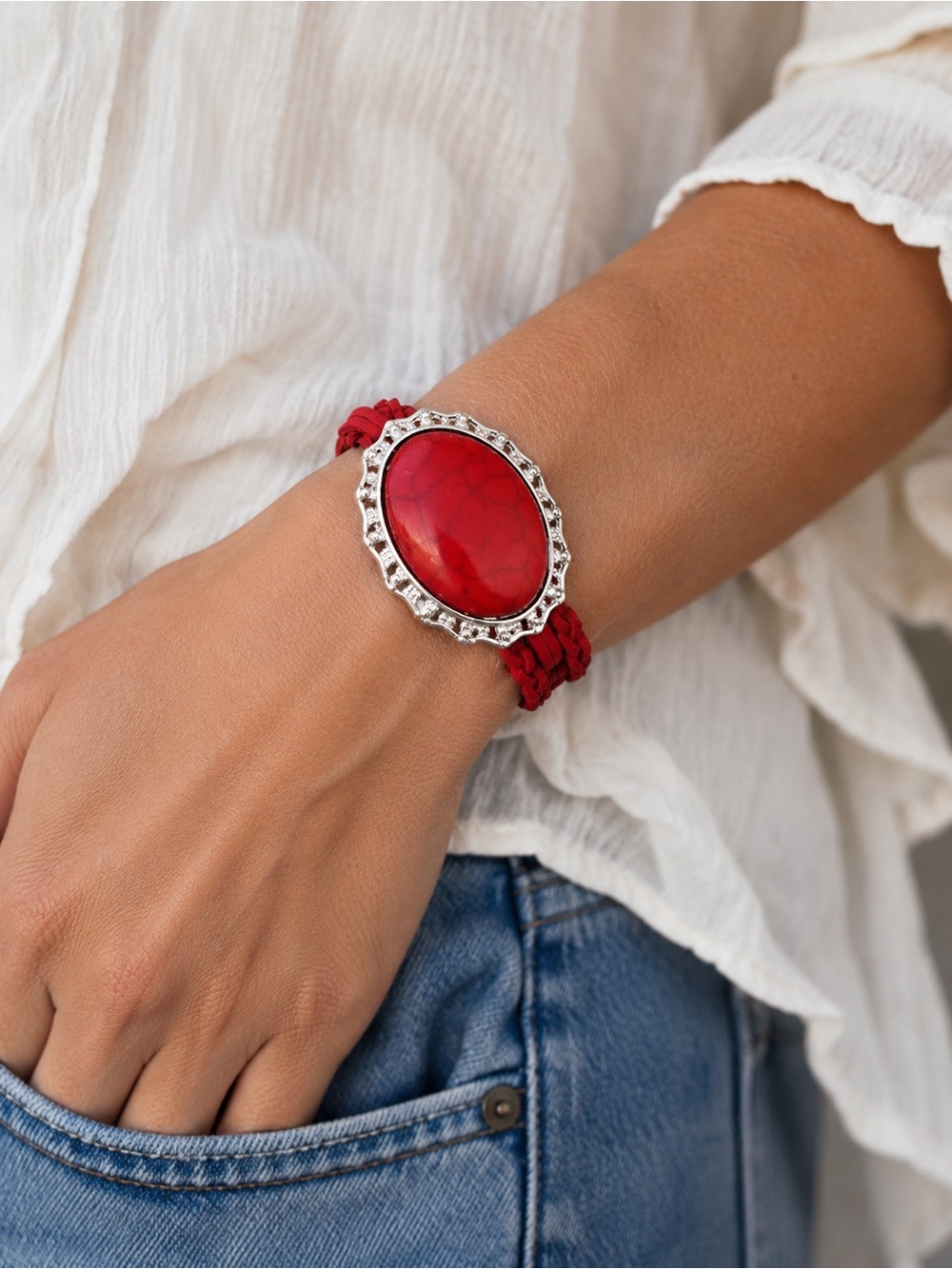 Genuine Red Howlite Braided Bracelet with Silver-Tone Accents (7.50 In)